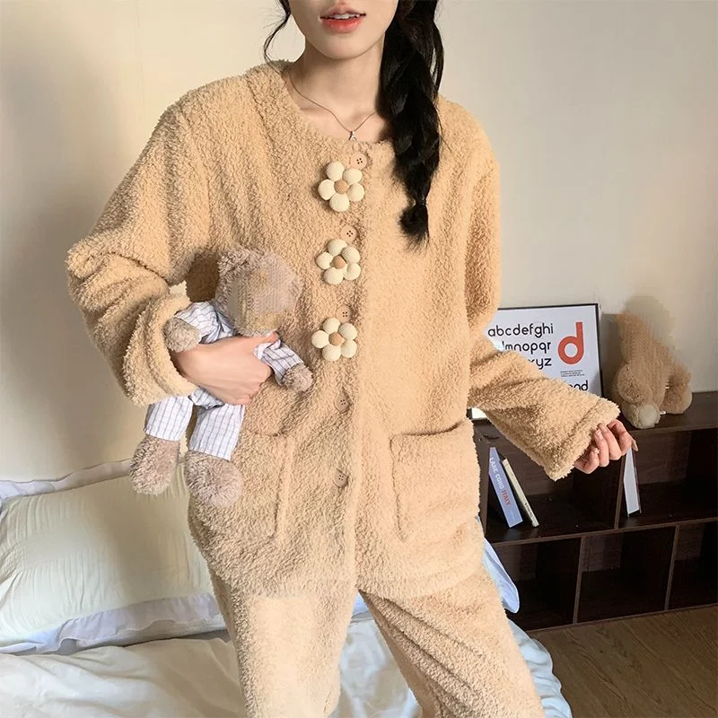 Korean Style Women's Pajama Set Long Sleeve Winter Warm Sleepwear Cozy Comfortable Loungewear Homewear Autumn New Model Suit