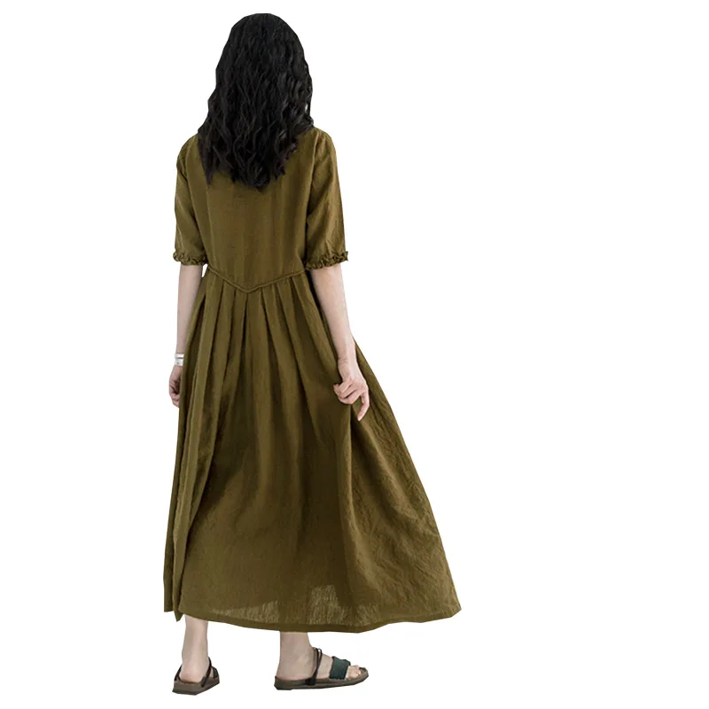 Flax Spring and Autumn Lady Short-sleeved Lace Collar Dress Ramie Cotton Original Design Artistic Temperament Elegant Long Skirt