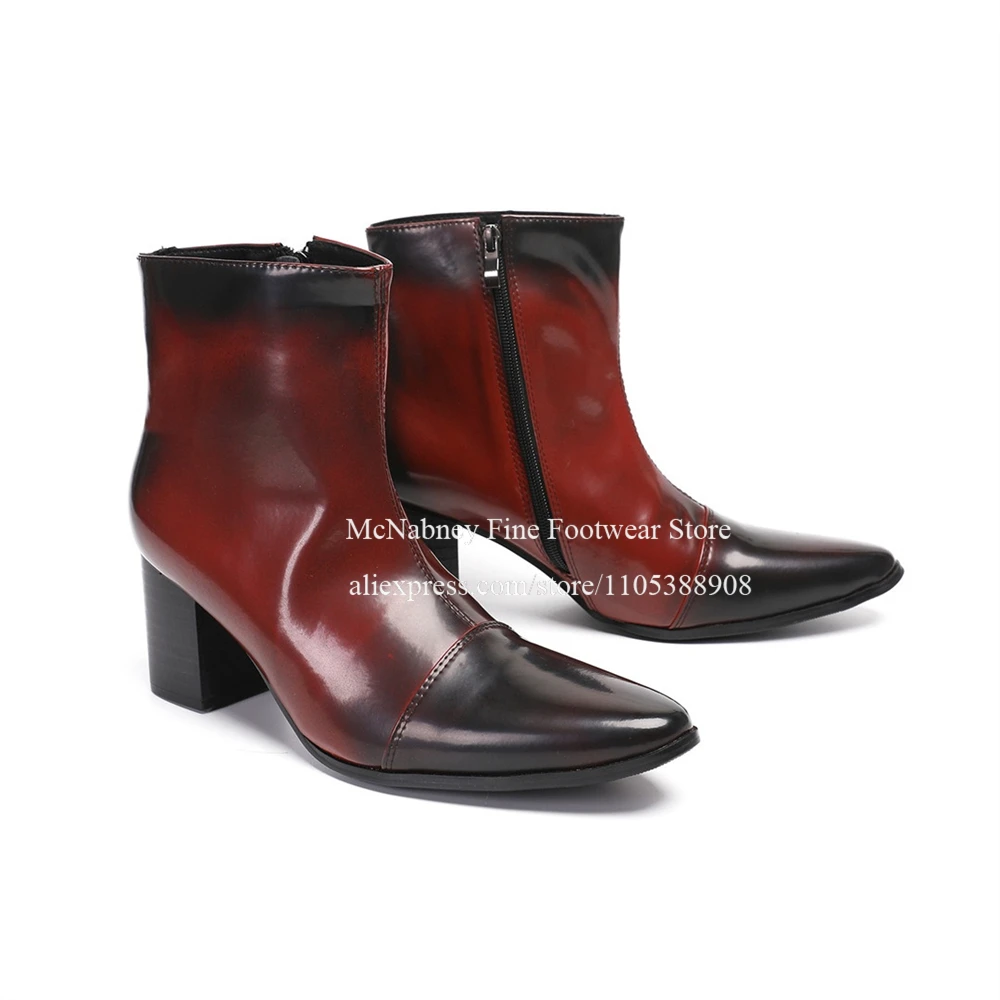 Gradient Leather Pointed Toe Side Zip Ankle Boots Men Chunky Heel Wetern Style Short Boot Handmade Elegant Party Casual Business