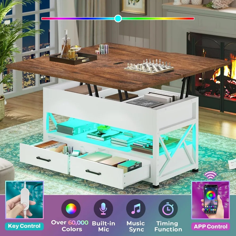 Table basse éclairée par LED avec tiroirs de rangement et plateau relevable pour le salon, solution blanche 4 en 1 pour petit espace