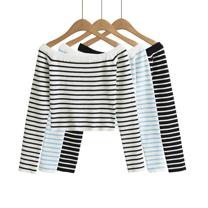 

24 Autumn New Style Ins Blogger Style Hot Girl Short off-Shoulder Striped Sweater
