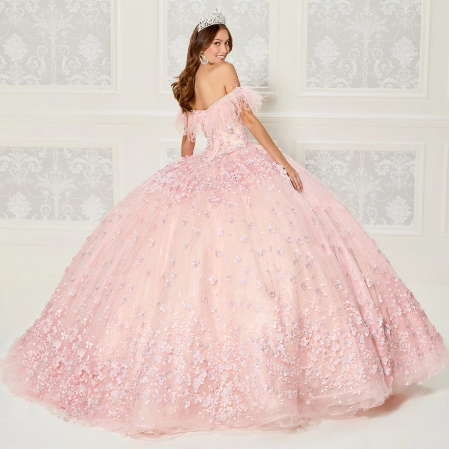 Maßgeschneiderte rosa Quinceanera-Kleider, Ballkleid, 3D-Blumenapplikation, Kristall mit Umhang, Sweet-16-Kleider, Geburtstagsparty-Kleid YQD20