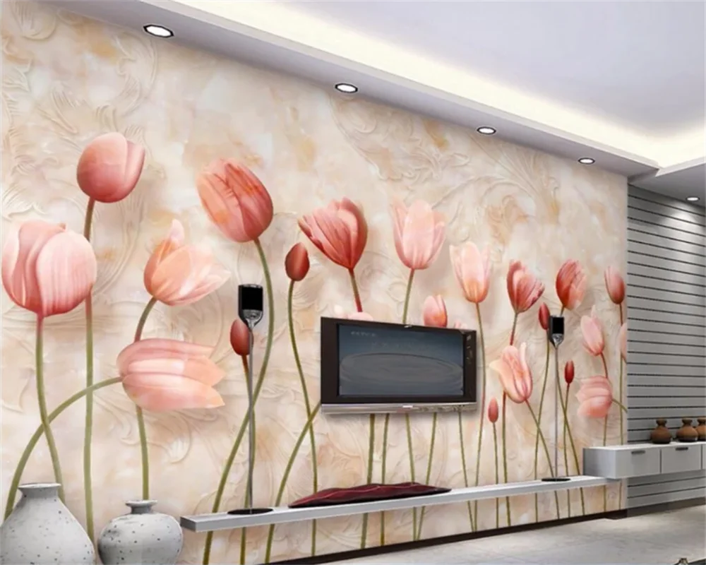 

Customized wallpaper 3D relief tulip flower living room bedroom TV sofa background wall home decor mural papier peint