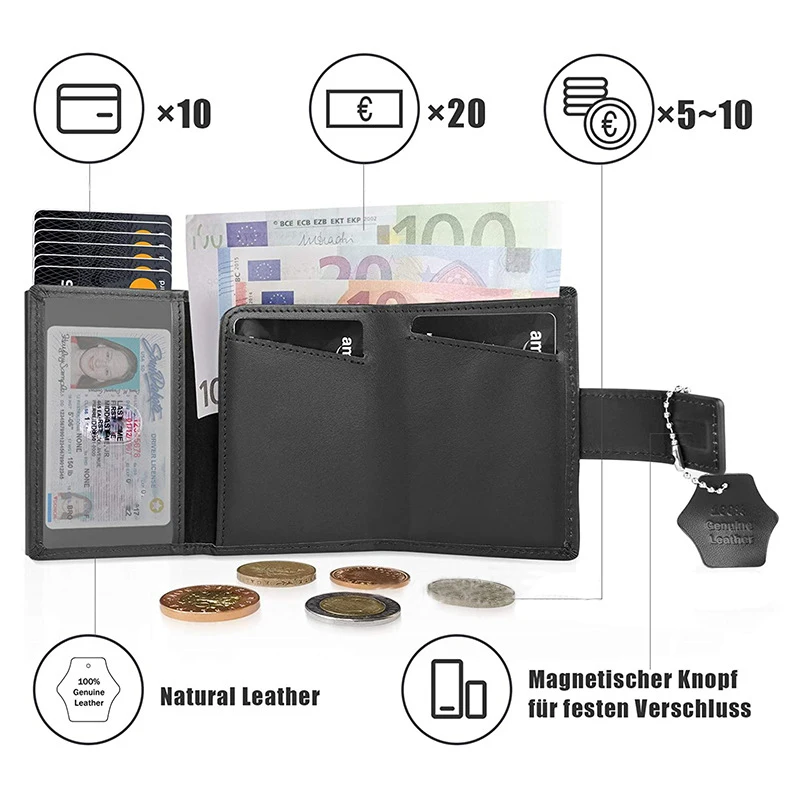 Black ID Credit Cards Case Mini Wallet with Zip Coin Purse Money Men RFID Protection Genuine Leather Small Aluminum Card Holder