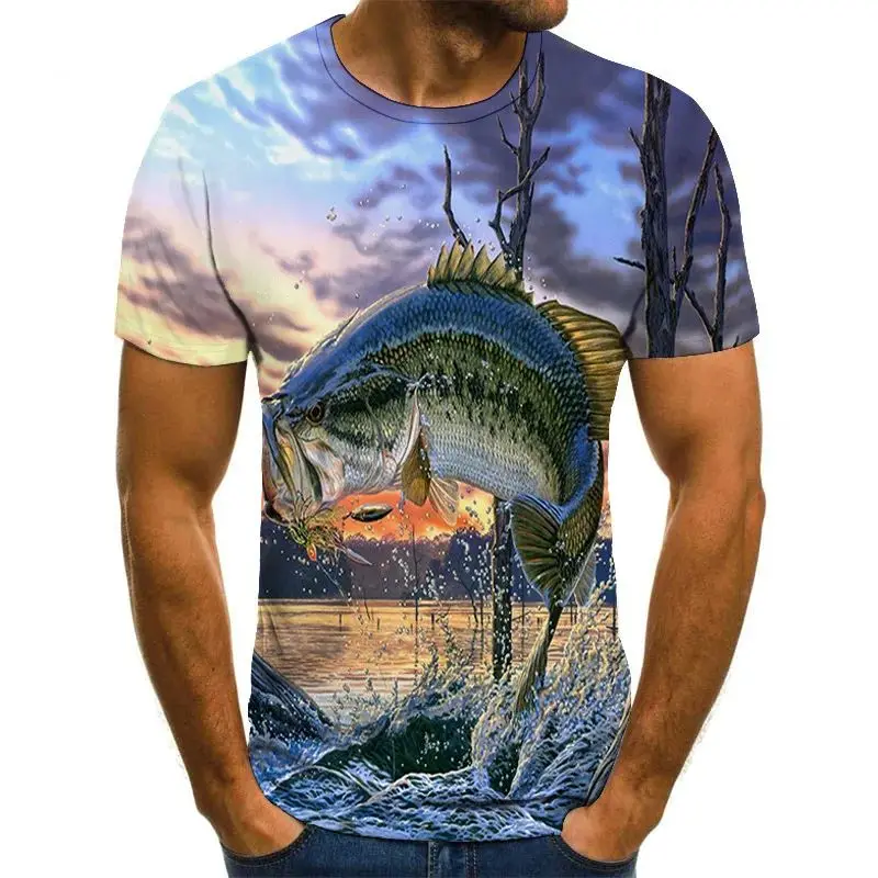 Letni męski na co dzień T-shirt z motywem wędkarskim w stylu Outdoor z modnym kreatywnym nadrukiem 3d z krótkim rękawem marynarka z osobowością