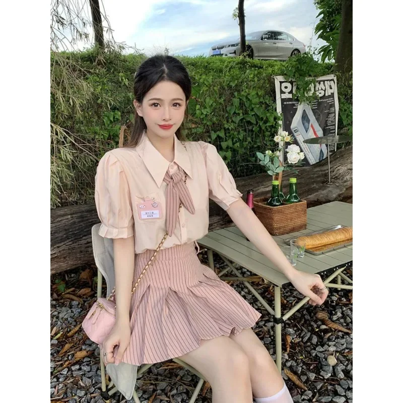 Sommer mode rosa jk Uniform Puff ärmel Hemd Falten rock Krawatte für Frauen süße koreanische Schulmädchen Uniform Matrosen uniform