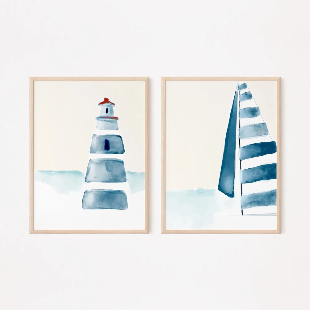 2PCS Large-sized frameless canvas paintings,2 Pieces of Frameless Canvas Posters,Blue Watercolor Style,Summer Beach Art Poster P