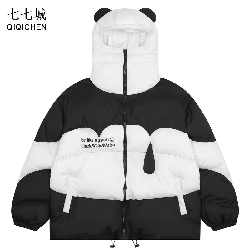 Desenhos animados dos homens Panda Orelhas grossas com capuz acolchoado, casal streetwear, Harajuku Puffer, jaquetas grandes quentes, novo, inverno