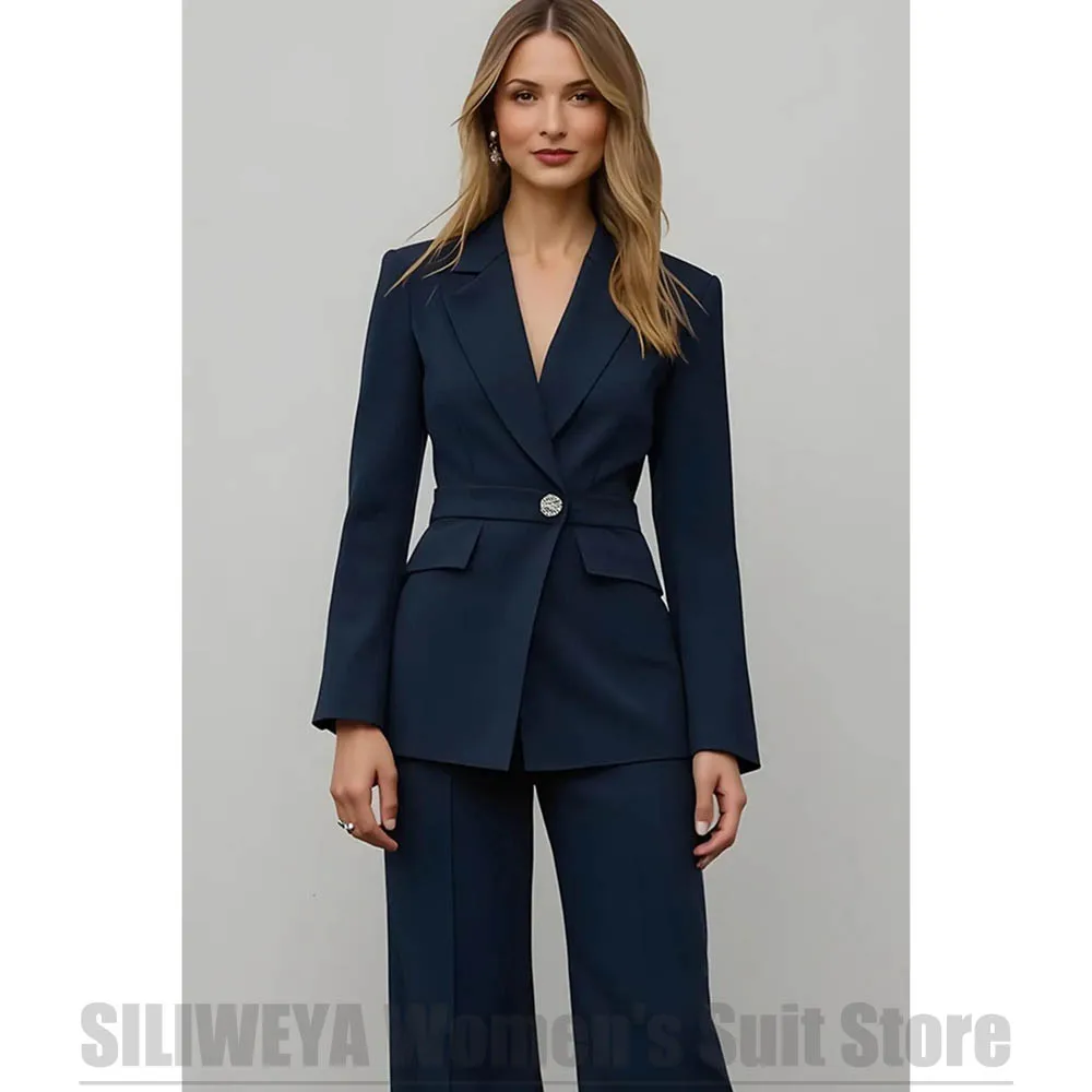 

Fashion Women Belted 2 Piece Suit Notch Lapel One Button Blazer with Wide Leg Pants Office Business Party Wear For Ladies