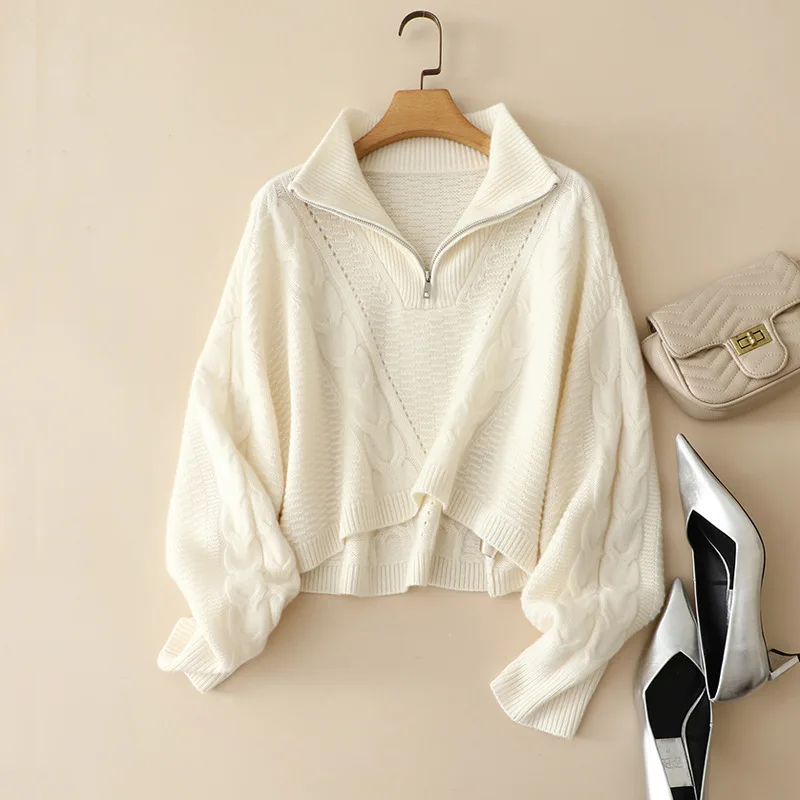 europe winter trendy half zipper cable knitted luxury 100% cashmere oversized sweater long sleeve