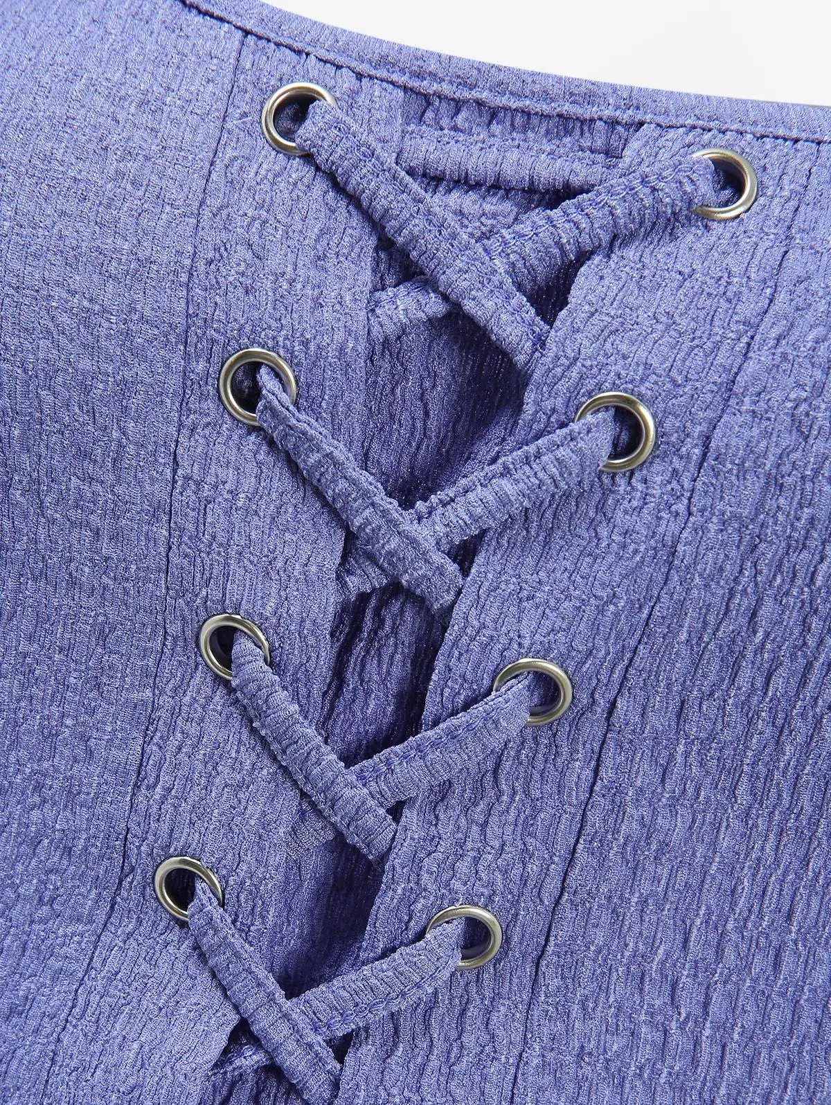 Purple Lace Up Grommets Ruffles Plisse Cinched High Low Dress Women Spring,Summer Casual Short Sleeves Dresses Vestidos