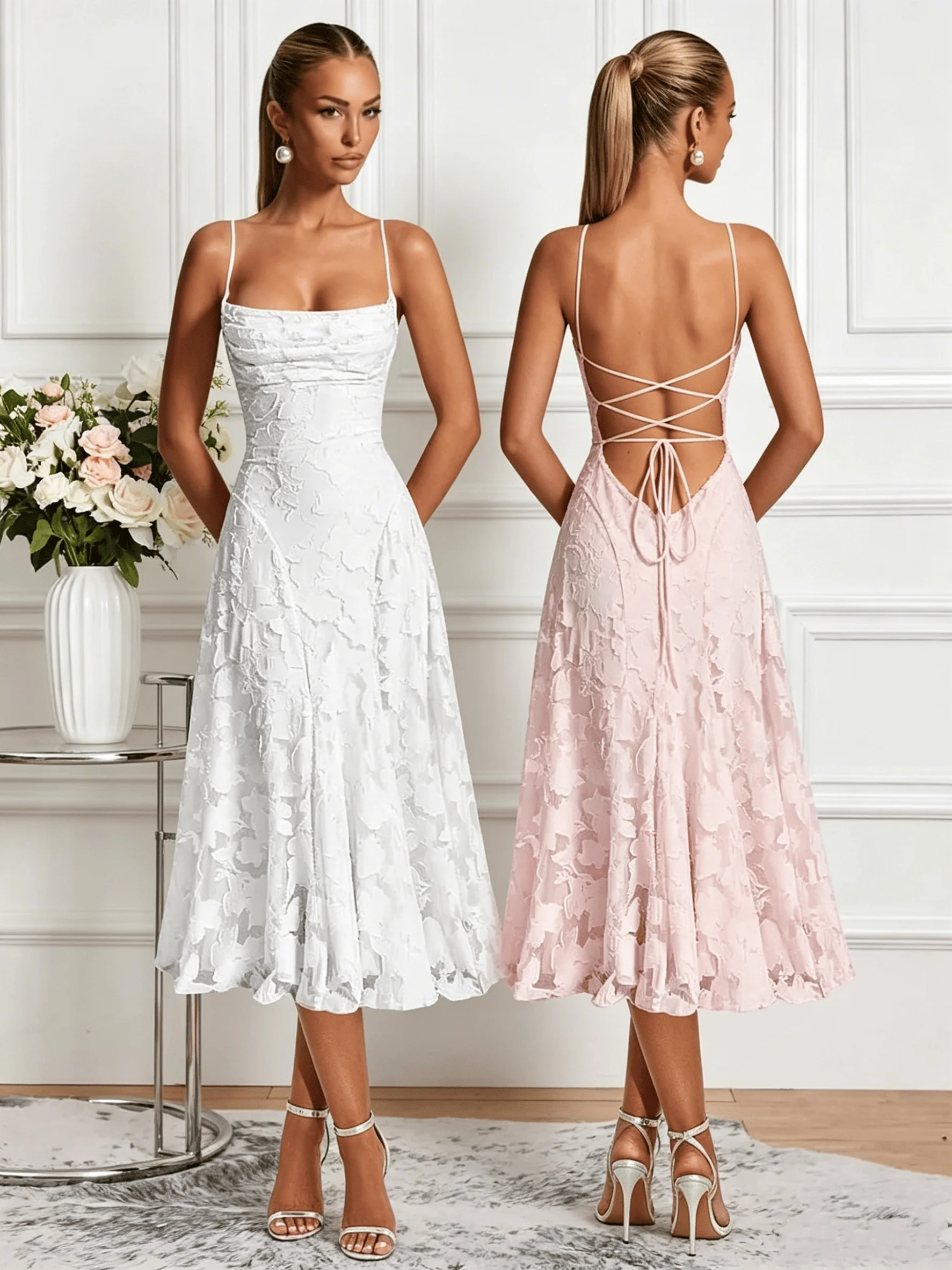

Backless Spaghetti Strap Lace Jacquard Bridesmaid Dresses for Women 2026 Spaghetti Straps Ruffle Formal Wedding Guest Dress