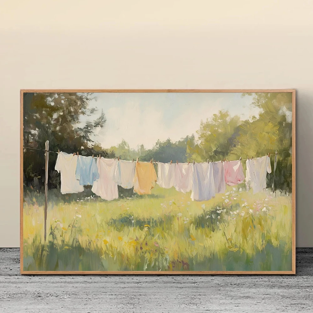 Vintage Laundry Clothesline Art Poster Farmhouse Rustic Wall Art Picture Canvas Painting Cottagecore Home Decoration