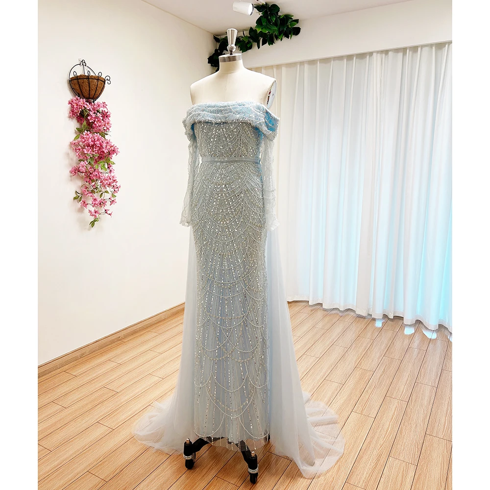 Elegant Mermaid Pearls Evening Dress for Women 2024 Long Sleeves with Detachable Train Formal Prom Wedding Party Gown Customizd