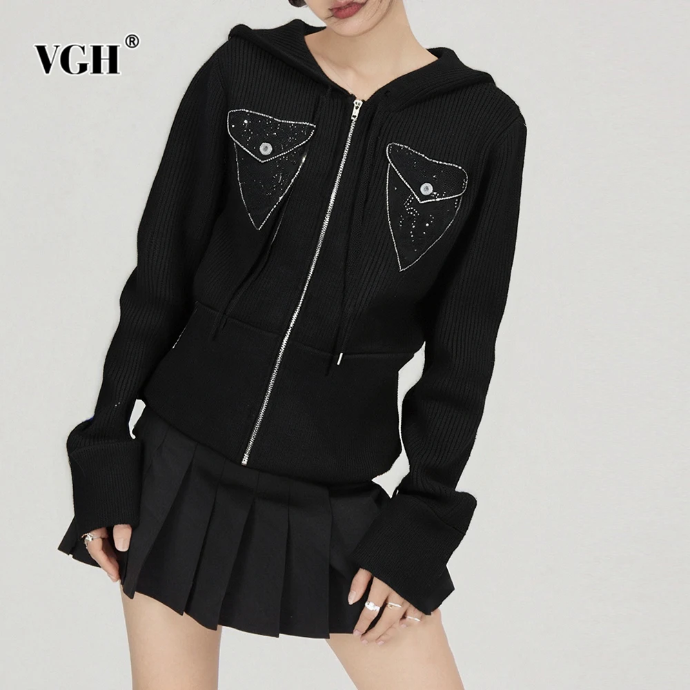 

VGH Designer Solid Spliced Pockets Slimming Sweaters For Women Hoodie Long Sleeve Autumn Chic Short Sweater Female Fashion New