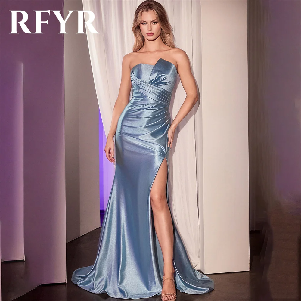 

RFYR Blue Elegant Scoop Women Evening Dress Simple Sleeveless with Pleats Satin Split Trumpet Prom Formal Gowns Dress Customized