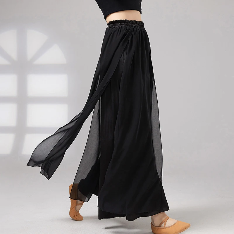 Chinese Folk Dance Pants for Women Double Layer Chiffon Mesh Classical Dancing Loose Wide Leg Modern Dance Practice Performance