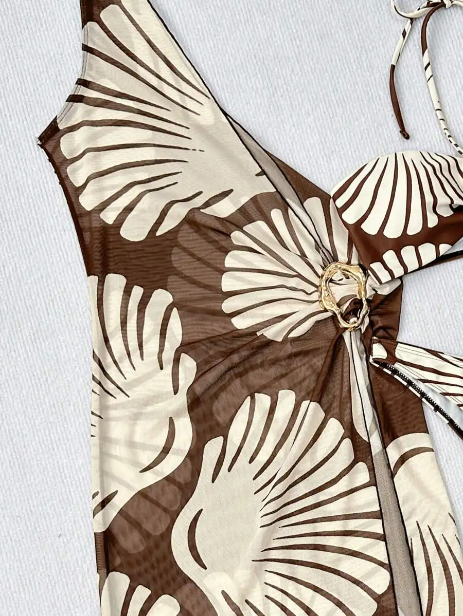 

Womens Summer Beach Coverup With Shell Print And Metal Ring Detail