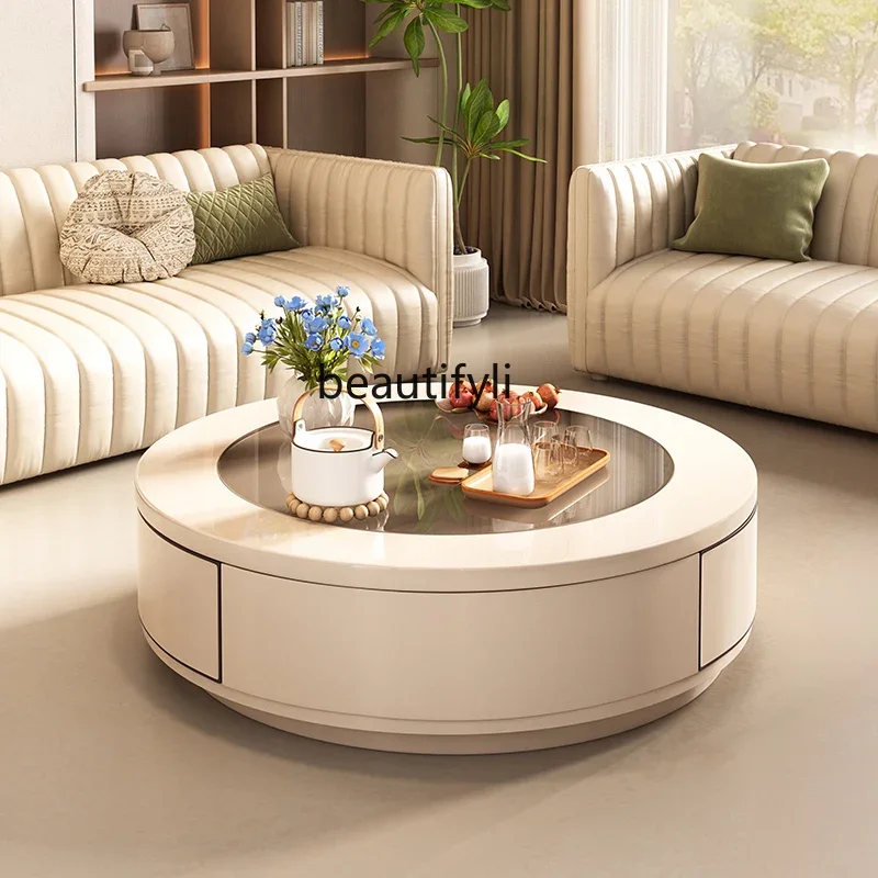 

Asmt56Living room household cream wind round sofa glass small table small apartment light luxury style design coffee table