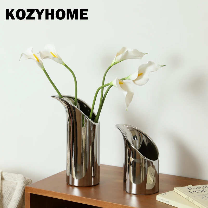 

KOZYHOME Ceramic Vase Silver Luxury Tabletop Decorative Vase Ornaments Modern Sample Room Decorations
