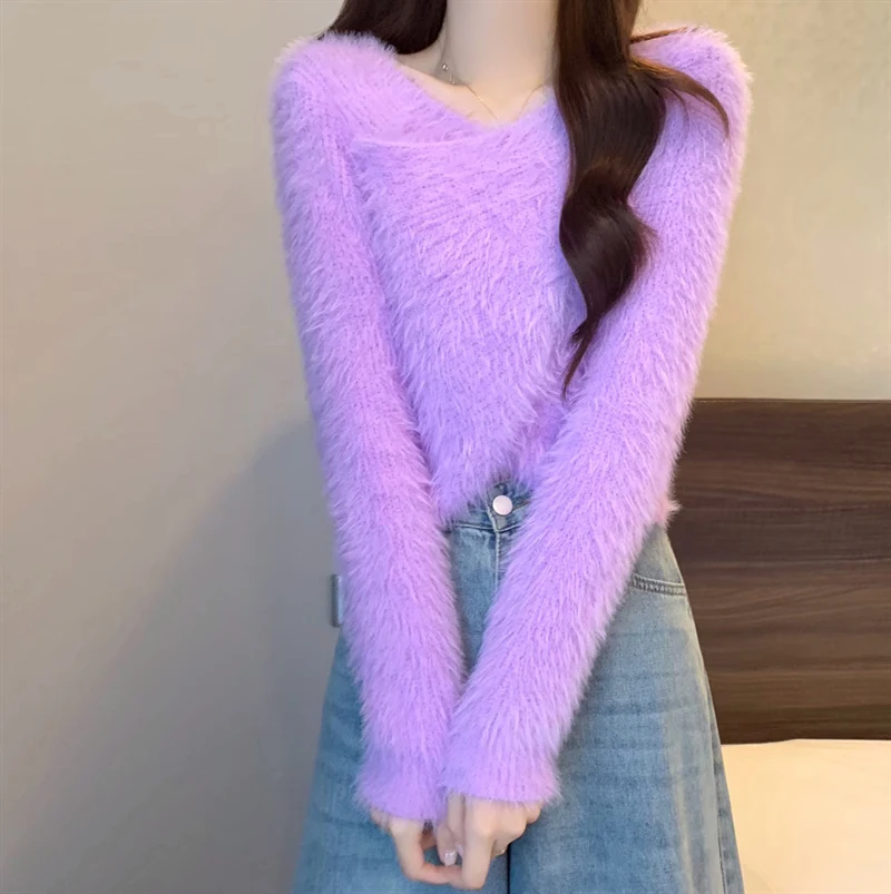 Fluffy Surplice Sweater Pullovers Women Soft Fuzzy Long Sleeve Knit Jumper Pink Crop Sweater Fall Winter Y2K 90s Outfit