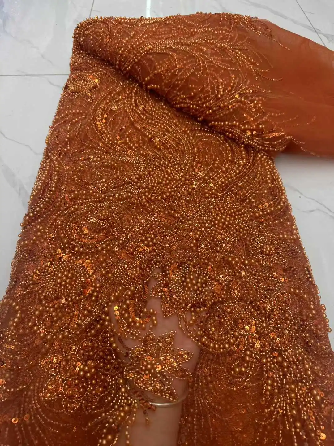 

2025 African Nigerian Tulle Lace Fabric High Quality Heavy Beaded Sequins Embroidery Lace French Lace Fabric for Bridal Dresses