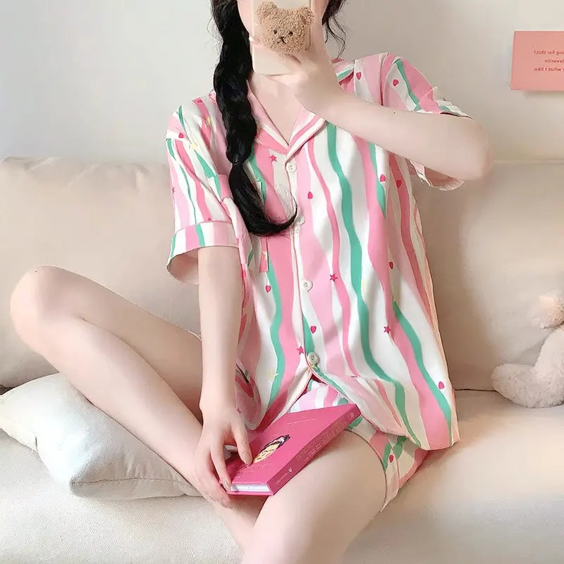 

Женская одежда для сна, пижамы в полоску с принтом звезд и допамином, летние элитные шорты с короткими рукавами, студенческая ночная рубашка, комплект домашней одежды