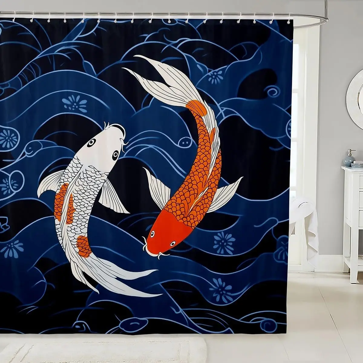 

Blue Koi Fish Shower Curtain Waterproof Printed Bathroom Curtain Polyester Shower Liner Decor