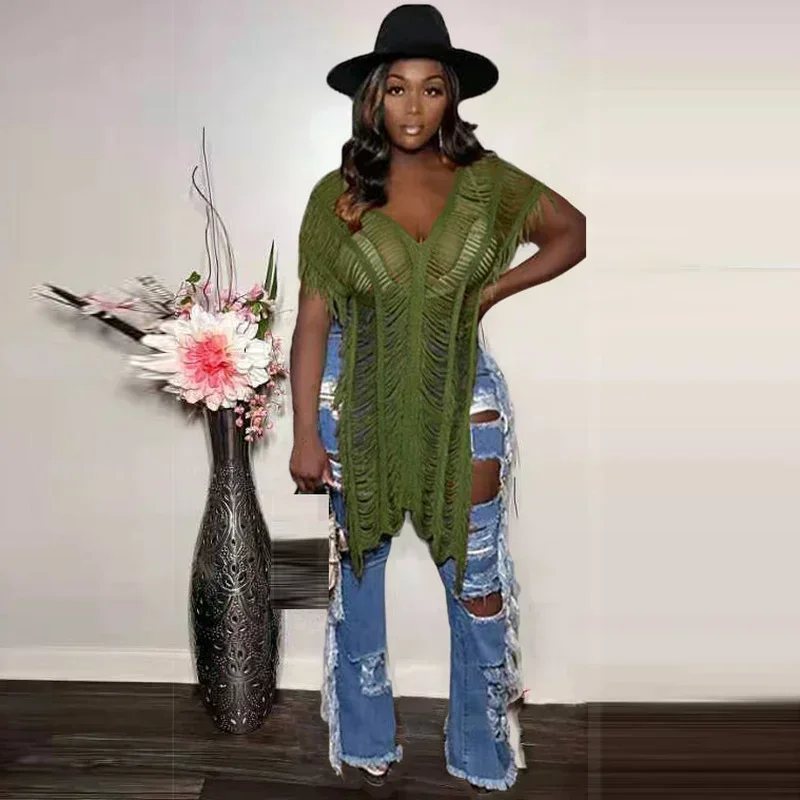 

GUWU Tassel V-neck High Side Split Slim Sweater T-shirt Women Summer Beach Boho Hollow Out Sexy Cover Up Tank Crop Top