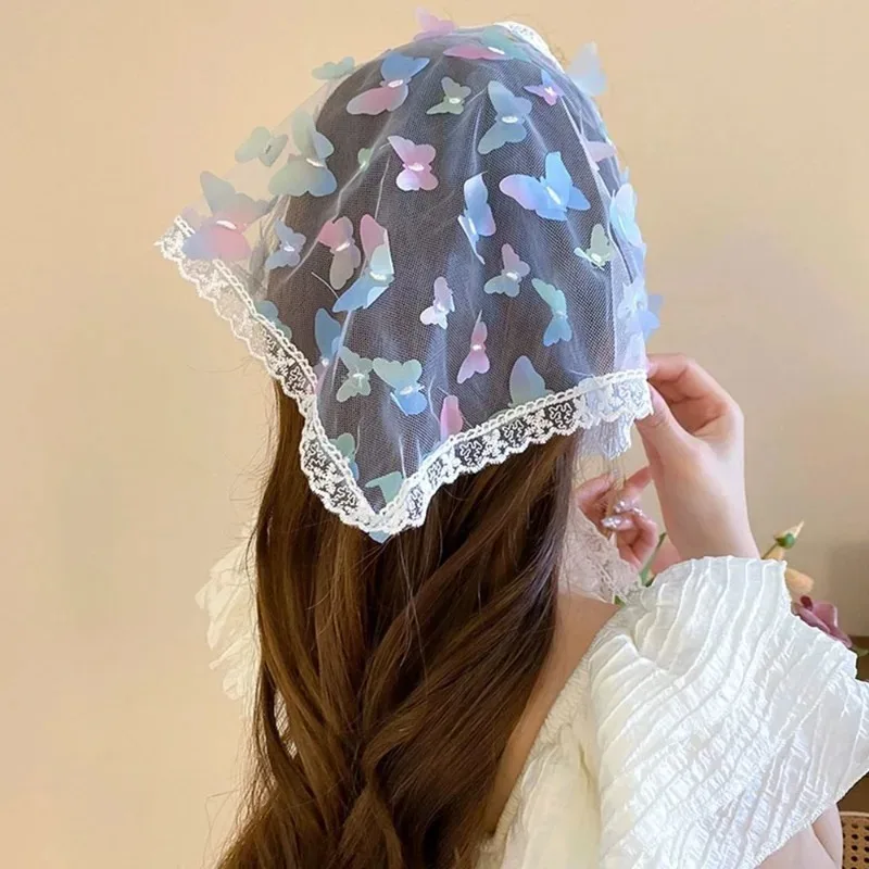 Butterfly Lace Headscarf Summer Women Girl Sweet Soft Breathable Triangular Hair Scarf Daily Travelling Sun Protection Headscarf