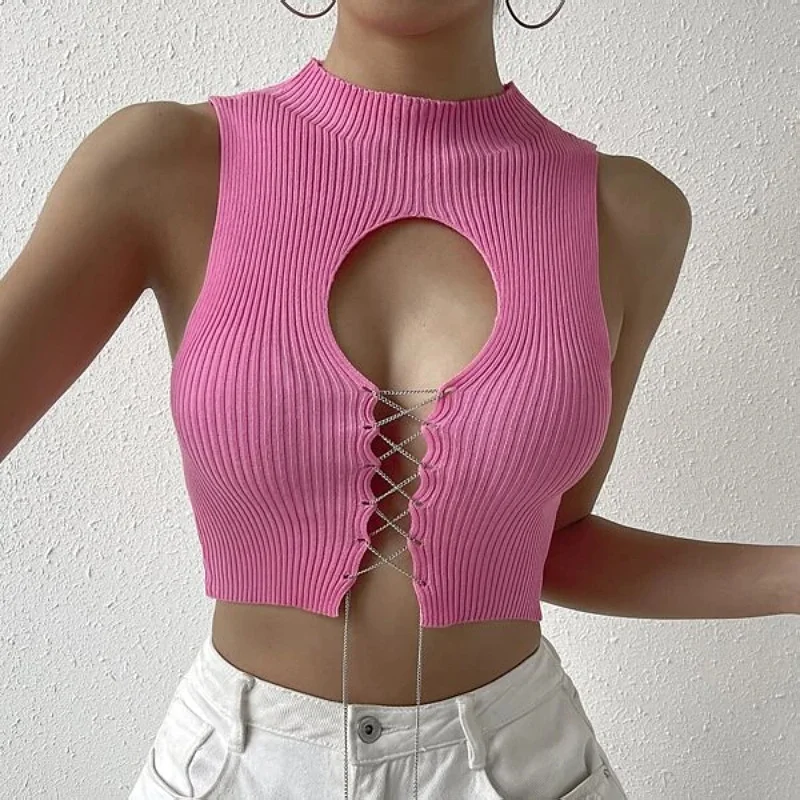 Cottagecore Short Sweater Vest Hollow Strap Solid Color Sleeveless Crop Tops Women Y2k Indie New Fashion Sweater Vest 2023