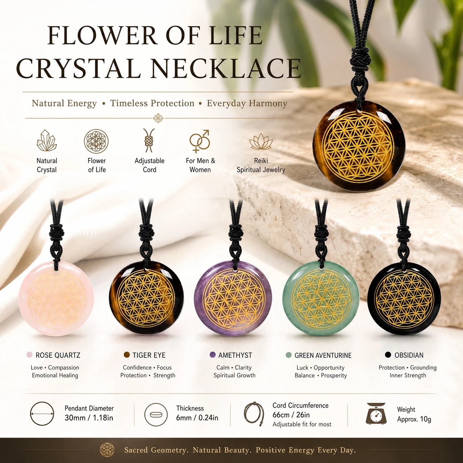 Natural Crystal Rose Quartz Carved Flower Of Life Pendants Reiki Esoteric Spiritual Auspicious Necklaces For Men Women Jewelry