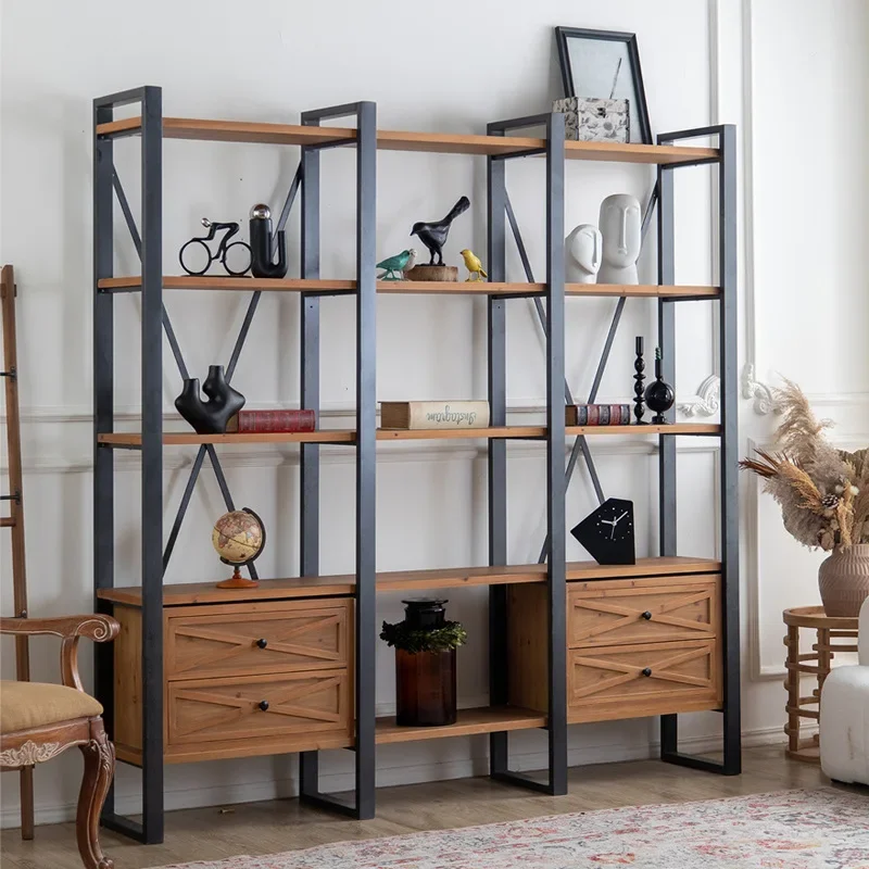Industrial wind wrought iron bookshelf floor-to-ceiling living room storage, household partition shelves, solid wood office