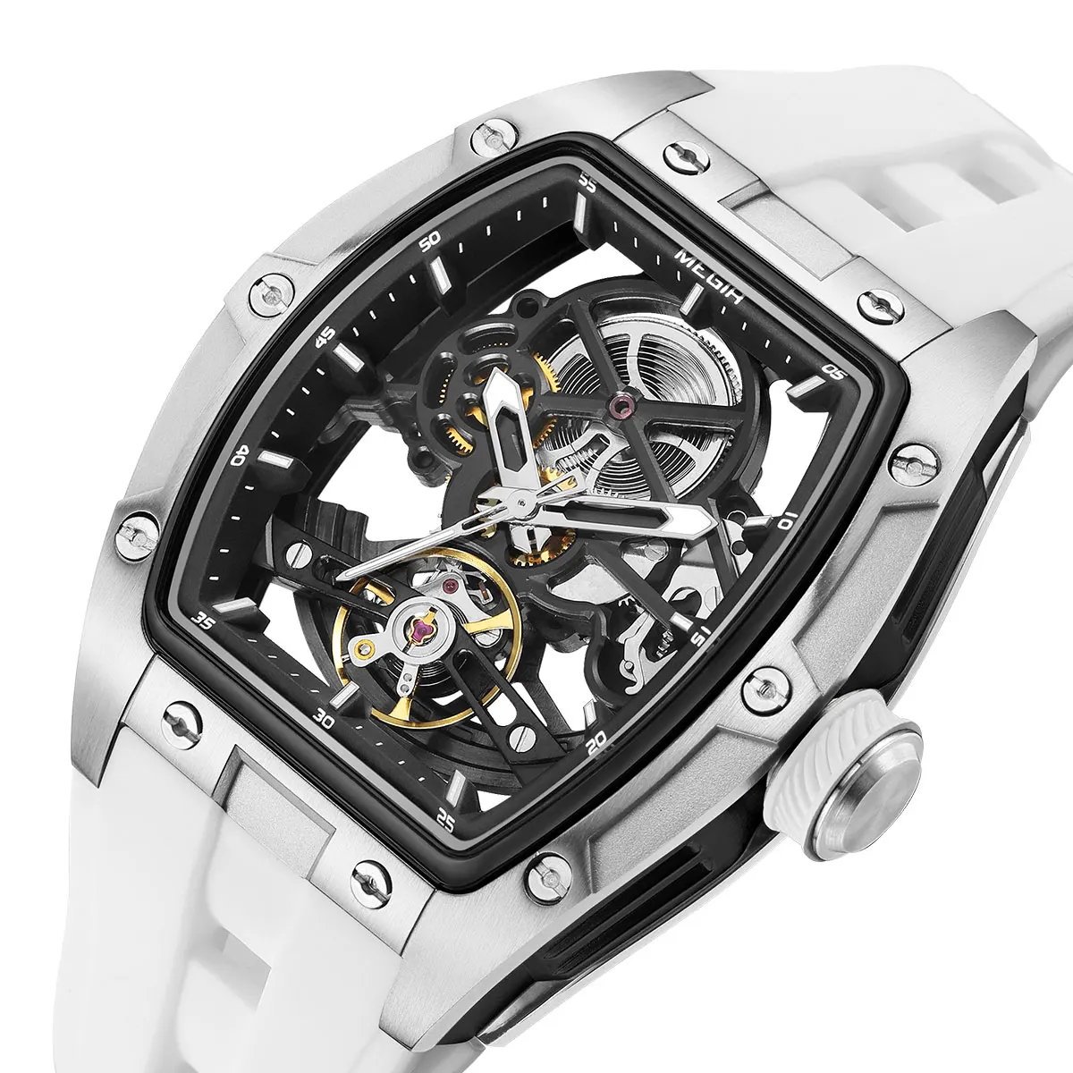 MEGIR New Men's Automatic Mechanical Watch Skeleton Dial Stainless Steel Silicone Band Waterproof Sport Wristwatch Luxury