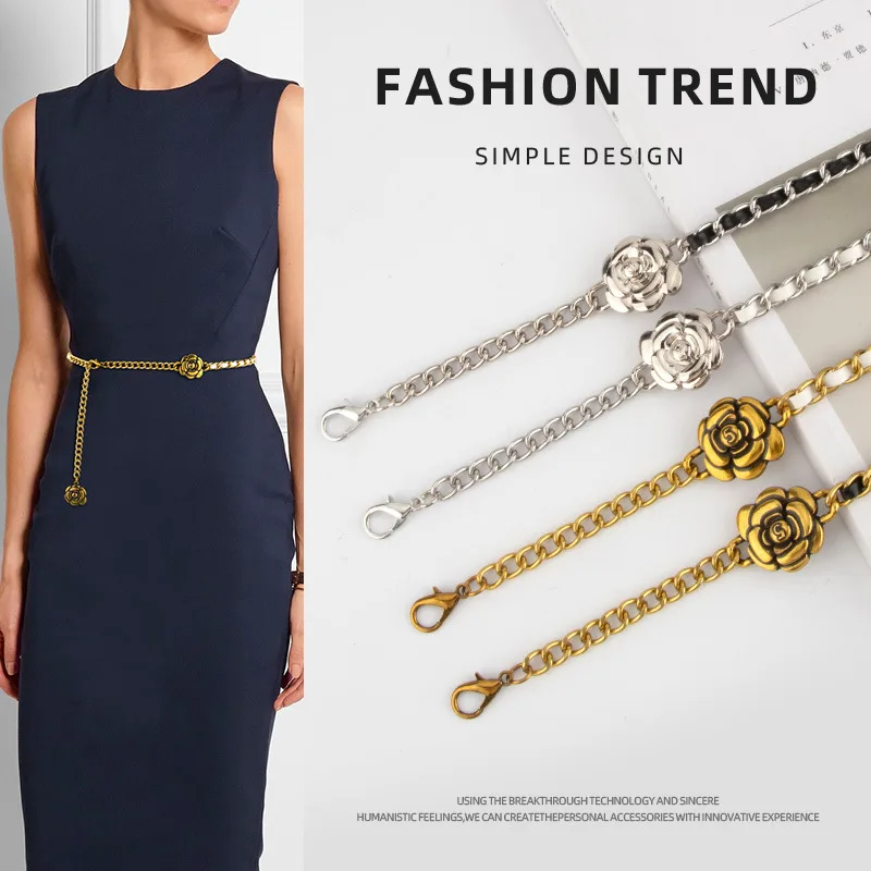 

New Metal Rose Pattern Chain Leather Women Waistband Belt Fashion Dress Sweater Coat Belt for Ladies