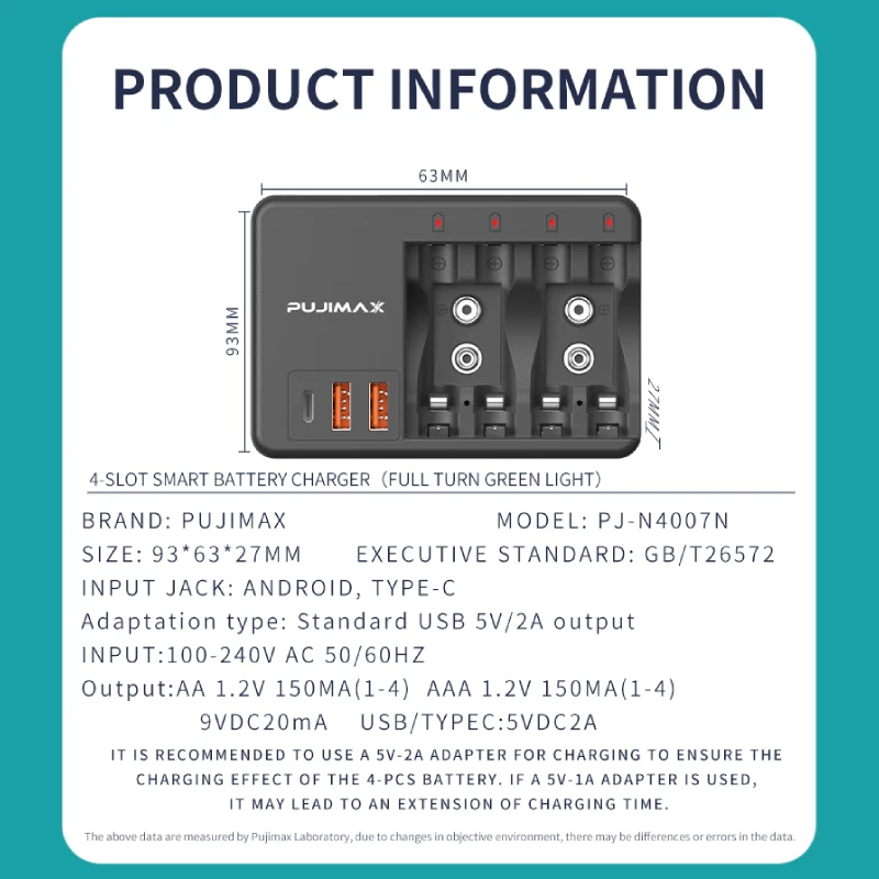 PUJIMAX 4-Slot Multi-purpose Battery Charger for 1.2V AA/AAA Ni-MH/Ni-Cd or 9V NiMH/Li-ion Rechargeable Batteries With AC Cable