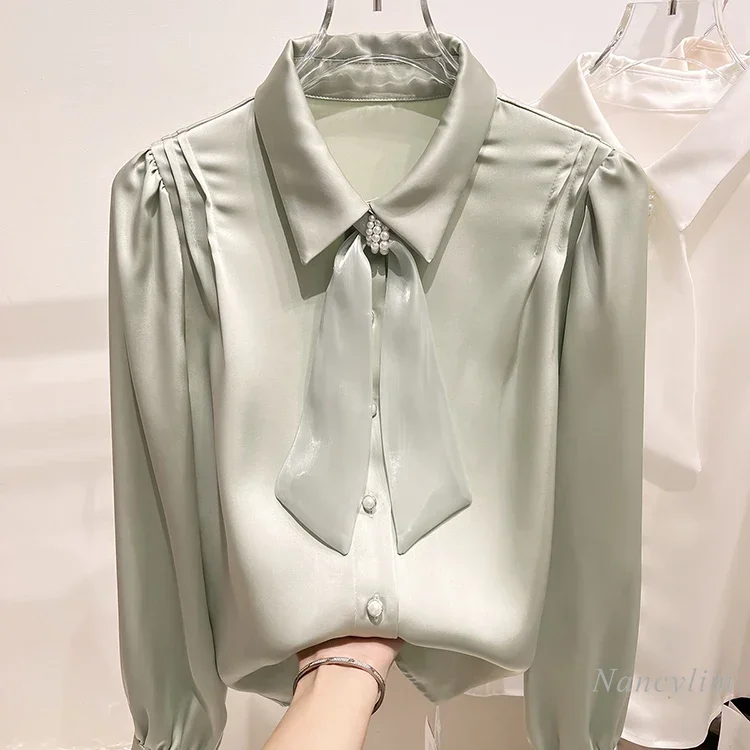 Lapel Beaded Lace-up Solid Color Long-Sleeved Chiffon Blouse Women Autumn Fashion French Style Shirt 2024 New Design Sense Blusa