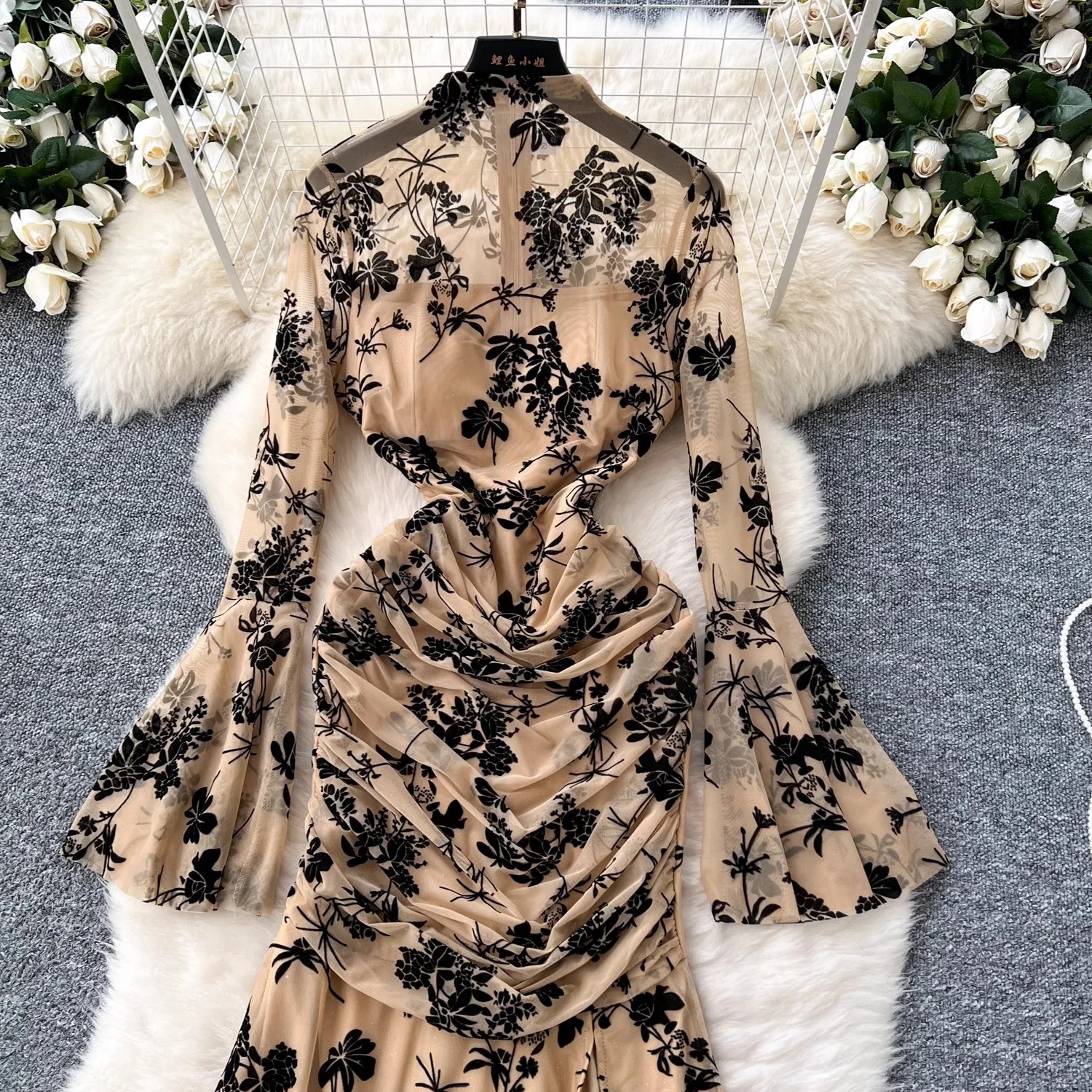 Robe sirène florale à manches longues évasées pour femmes, robe transparente en maille sexy, robe de soirée vintage élégante, robe éducative