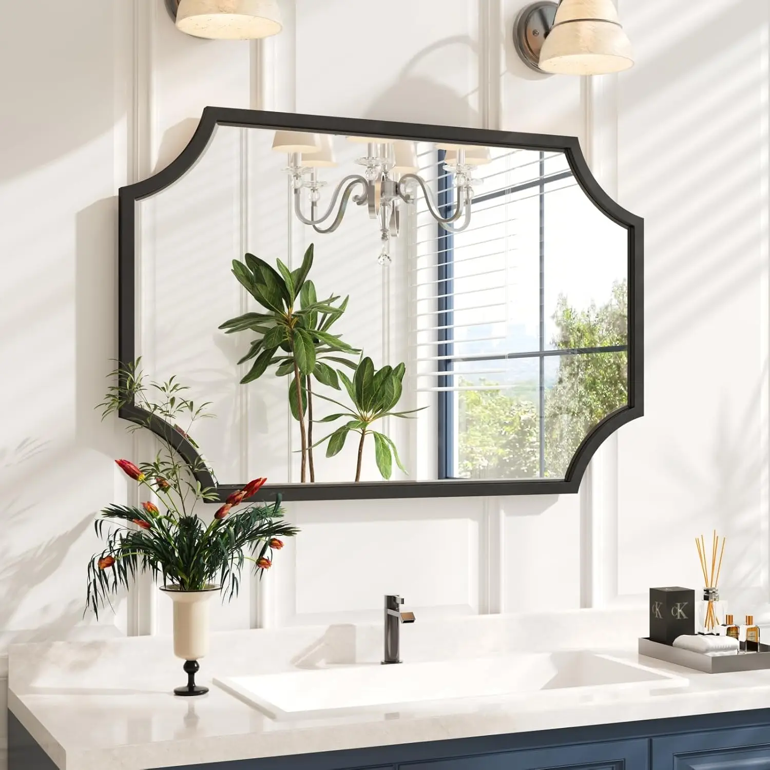 

Зеркало для ванной комнаты в черной рамке 24x36 с зубчатым краем, декоративное настенное искусство для гостиной, прихожей и камина