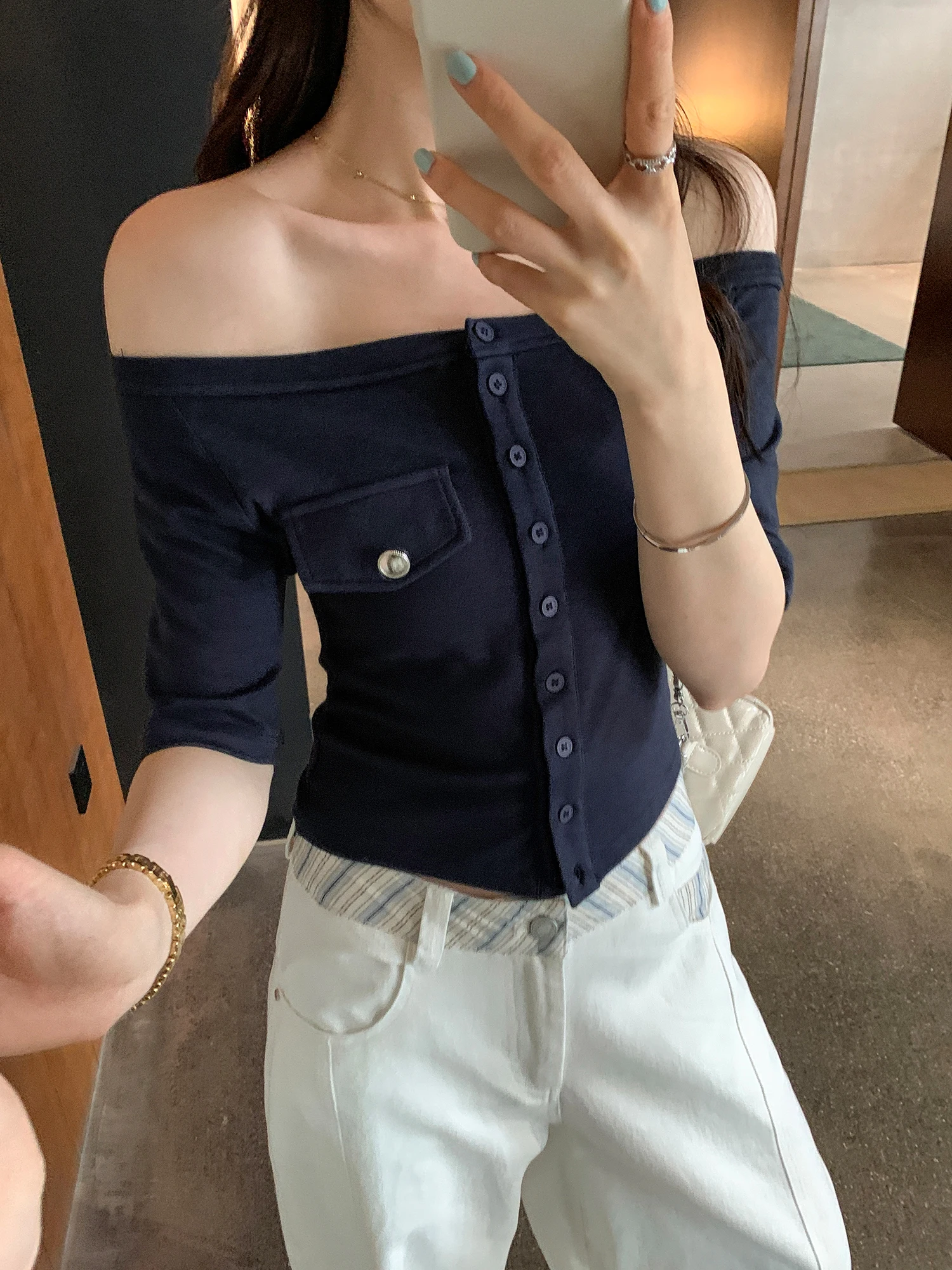 Mature Light Short Sleeve Shoulder Bared T Shirt Summer New Design High Level Qing Blue Color Commute Style Women's Top