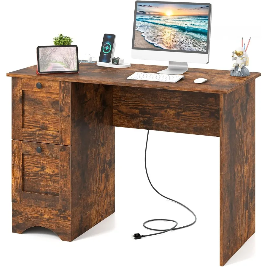 Computer Desk with 2 Drawers 43 Wooden Home Office Desk with Charging Station Compact Study Writing Desk Modern Laptop PC Desk
