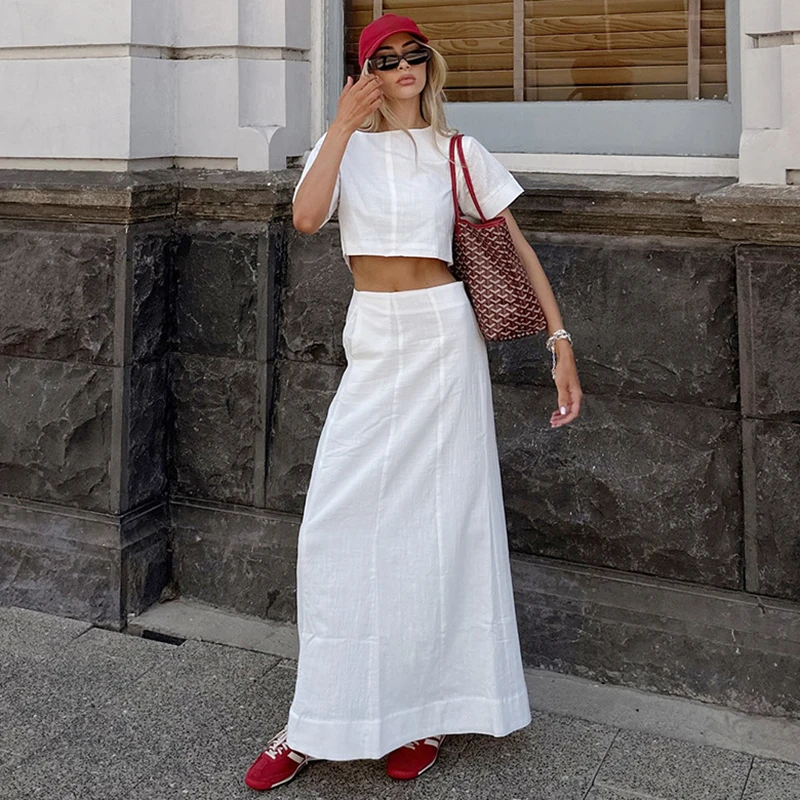 

White Fashion Long Skirt Set For Women O Neck Short Sleeve Vest Top High Waist Skirt Set Female Office Lady Dress Sets