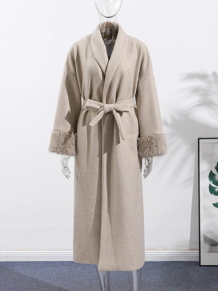 2025 frauen Winter Lange Spitze Up Mäntel Straße Büro Dame Chic Oberbekleidung Mode Patchwork Faux Pelz Hülse Woolen Jacke Mit Gürtel