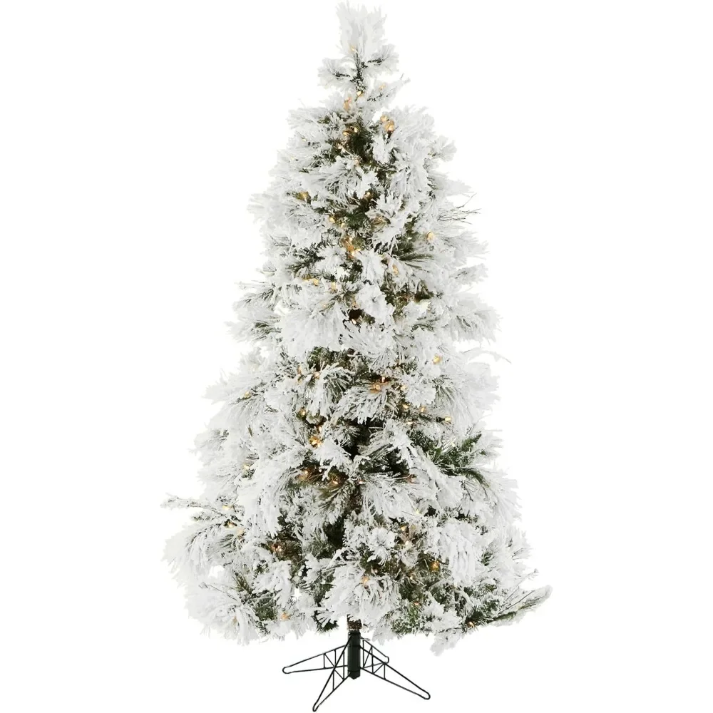 

Snowy Pine Flocked Artificial Christmas Tree with White Incandescent Smart Lights and Stand, Foldable Fake Tree, Christmas Decor