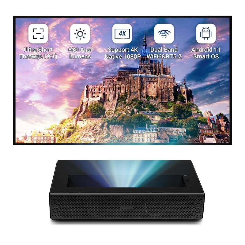 2025 DLP 4K Android 11 WIFI6 BT5.2 H713 1080 Projector 4K فيديو المسرح المنزلي رمي قصير للغاية