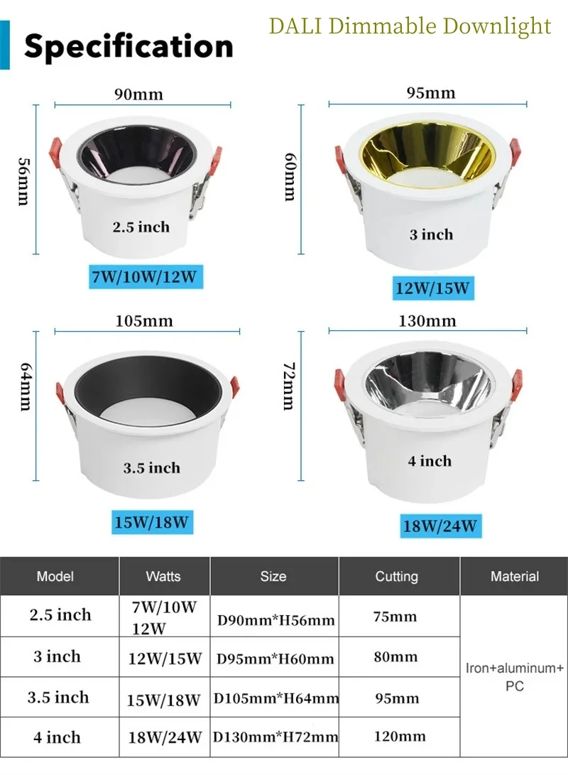 DALI ściemnianie wbudowane przeciwodblaskowe oprawy LED typu Downlight SMD 7W 10W 12W 15W 18W 24W wąska ramka lampa sufitowa AC220-240V oświetlenie