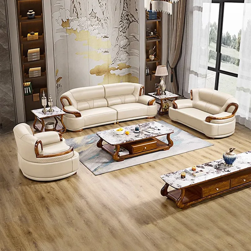 Neuer chinesischer Stil, Leder, Sofa, Kombination, komplett aus Massivholz, Luxus, Wohnzimmer