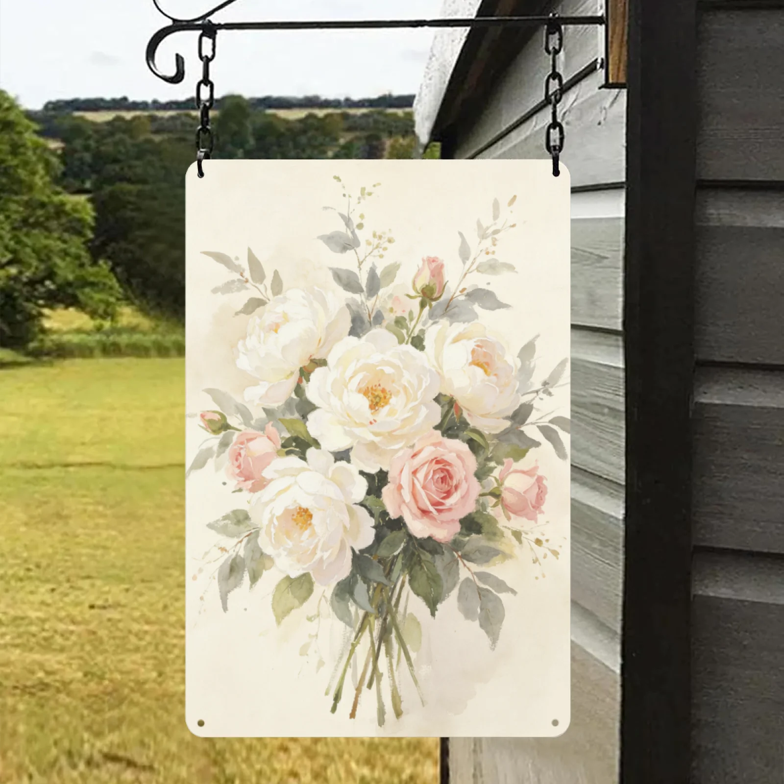 Watercolor Pink White Rose Bouquet Metal Tin Sign Vintage Floral Wall Art Rustic Farmhouse Bedroom Aesthetic Home Decor Plaque