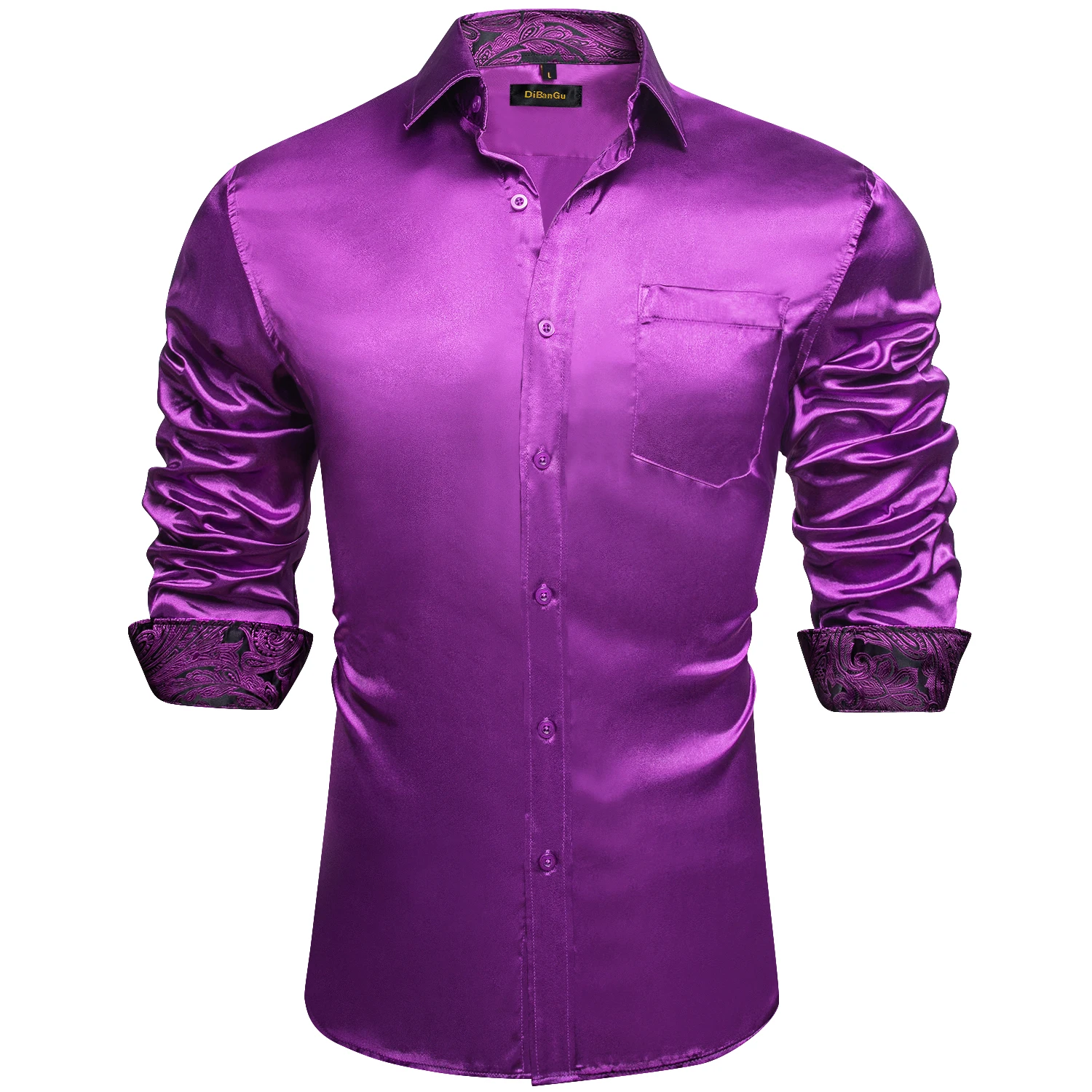 Men\'s Purple Satin Luxury Dress Shirts Silk Smooth Soild Wedding Party Social Tuxedo Prom Shirt Long Sleeve Top Casual Men Cloth