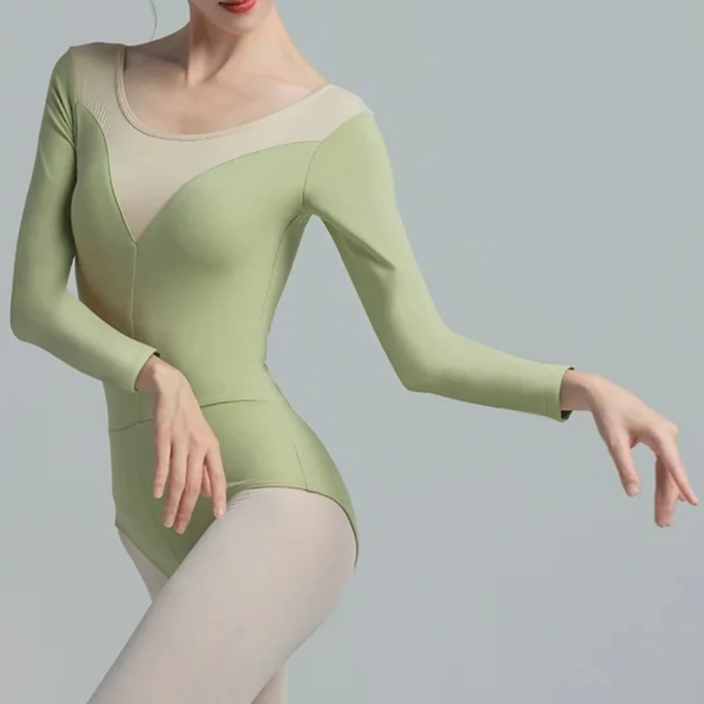 レディースバレエレオタードヨガ体操ダンストレーニングウェア長袖メッシュスプライスバレエダンスボディスーツバレリーナコスチューム